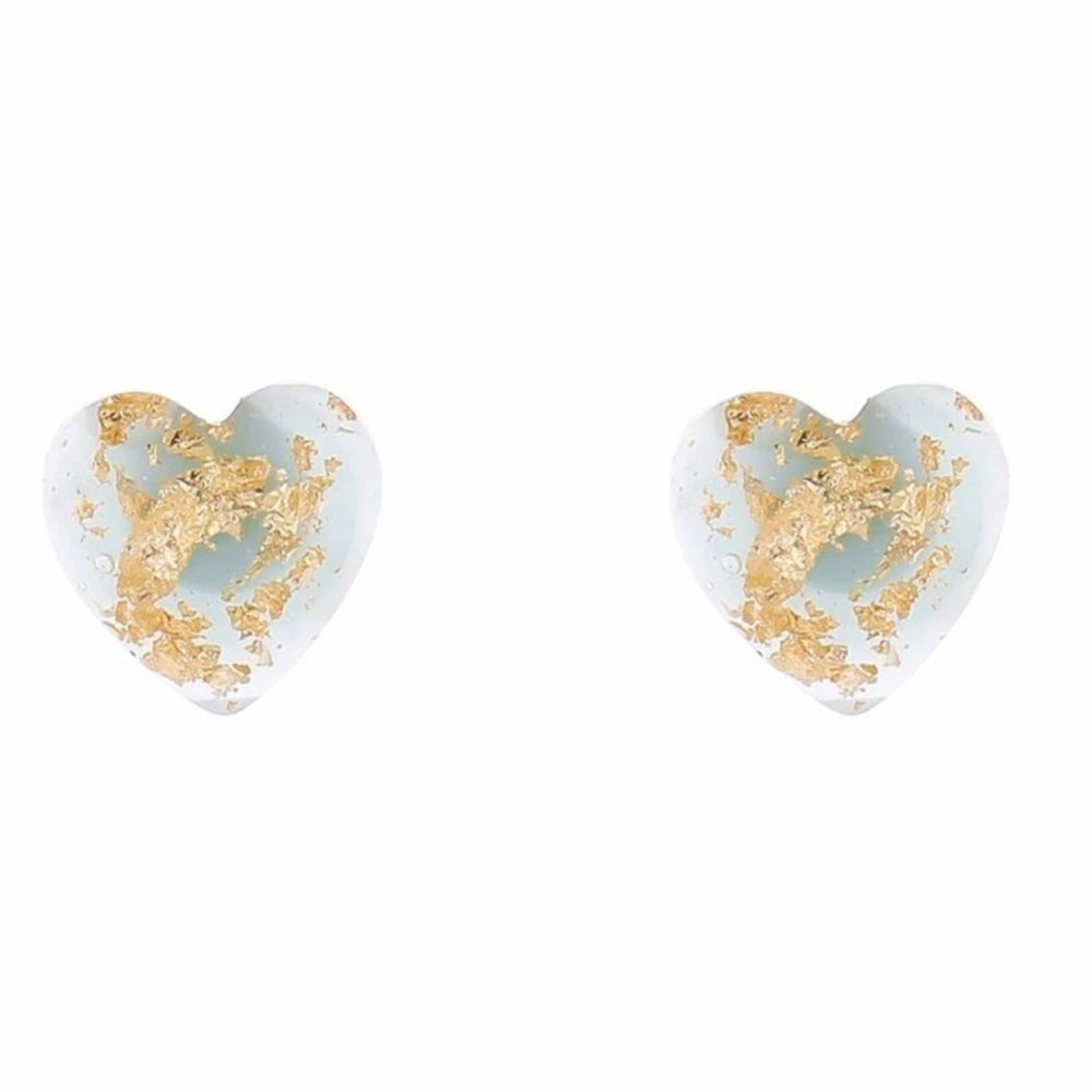 Blue Heart Gold Flake Fleck Glitter Sparkle Resin Dainty Tiny Stud Post Earrings - Picture 5 of 15